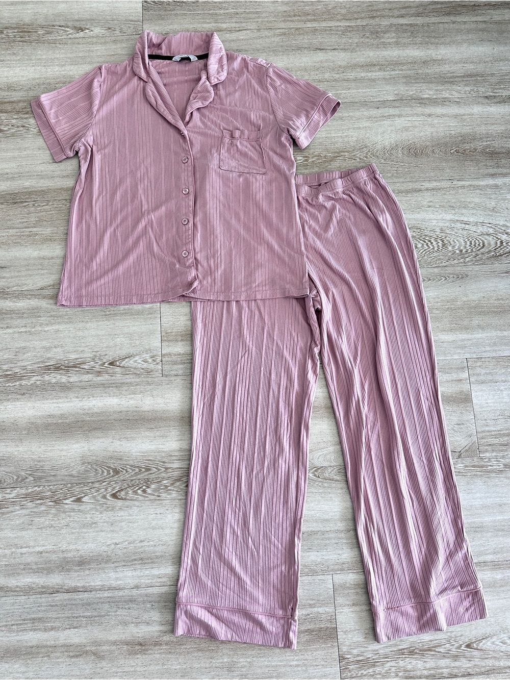 Nicole Miller New York Ribbed Pajama Set Pink Button Up Wide Leg Pants M